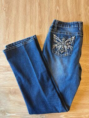Earl Jean Straight Leg Jeans Cross Embellished Pockets Medium Wash - Size 10
